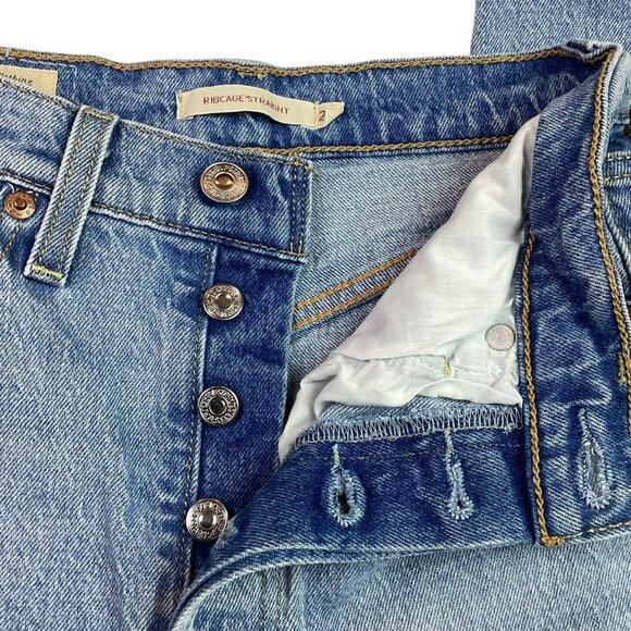 Levis Premium Ribcage Button Fly Straight Jeans Womens 2 High Rise Light Blue De - Picture 10 of 12